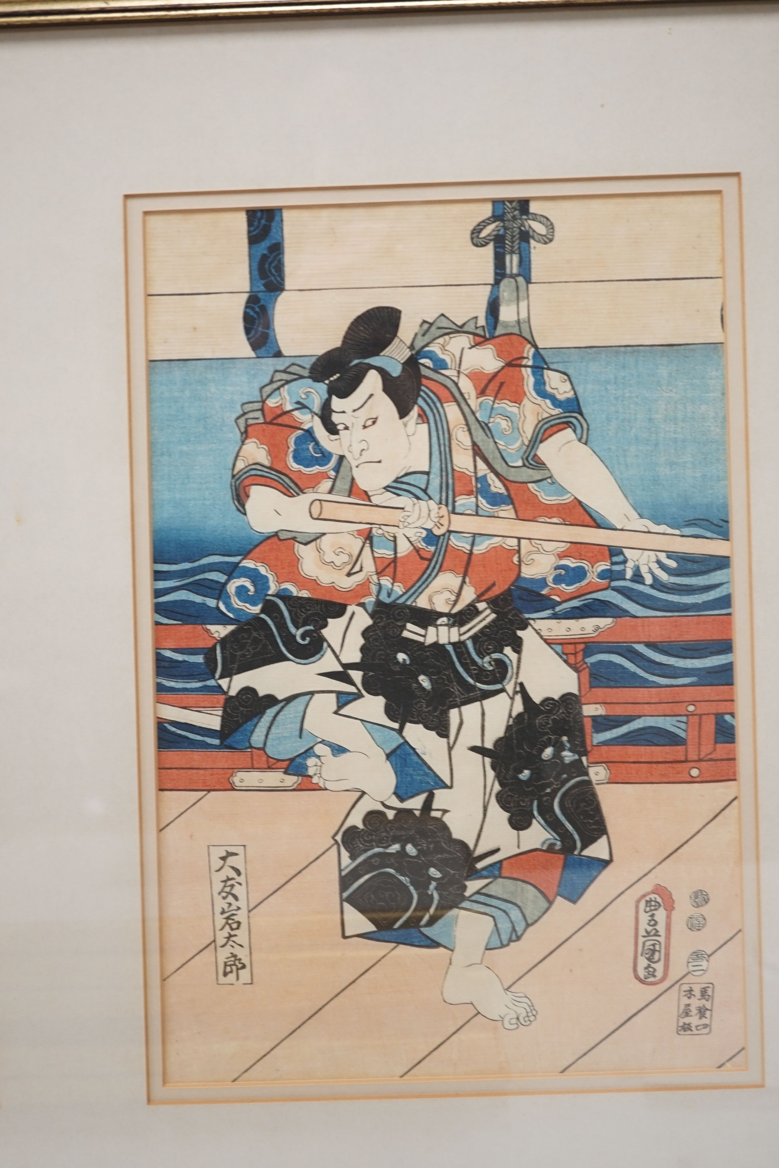 Kunisada, pair of woodblock prints, Actors on stage as Samurai, 35 x 24cm